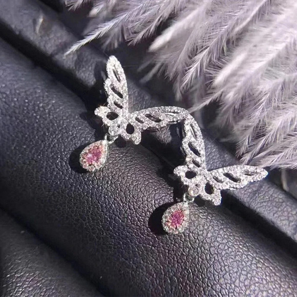 🍁Hollow Design Tear Drop Pink Butterfly Wings Earrings, MLNN1082 - Picture 1 of 4